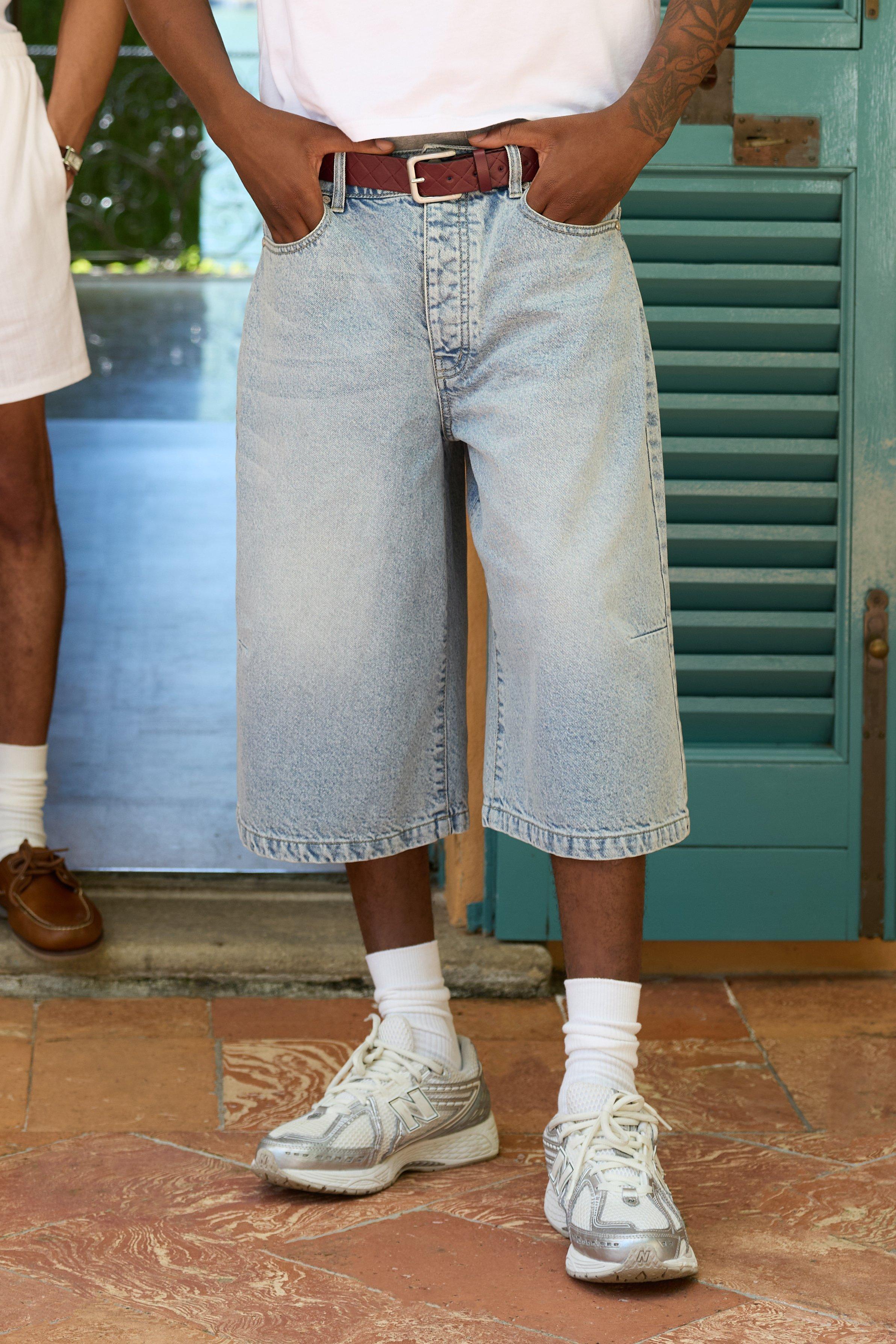 Mens Long Line Denim Jorts In Light Blue, Blue